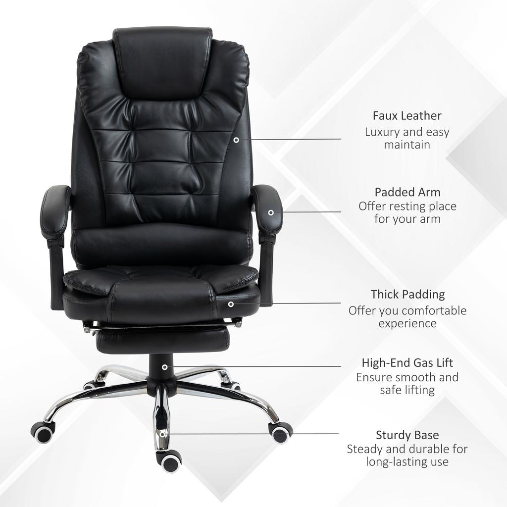 Executive Office Chair, PU Leather Home Office Chair with Swivel Wheels, Reclining Backrest, Retractable Footrest, Black