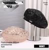 Fashionable Glitter Decorated Hollow Mesh Beret Hat Adjustable Size Outdoor Travel Photography Metal Tagged Cap for Women