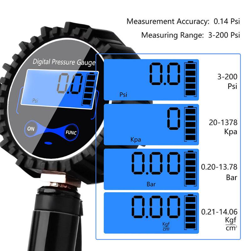 200PSI Tire Air Pressure Inflator Gauge LCD Display LED Digital Backlight Vehicle Tester Inflation Monitoring Manometer