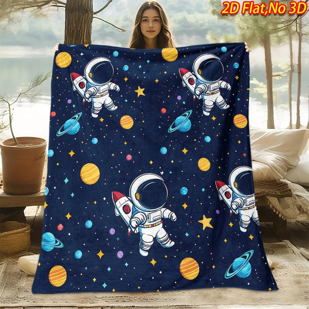 1pc 2D Flat Printing Spring And Summer New Arrival Space Astronaut Planet Rocket Theme Digital Print Blanket, All-Season Use, Casual Throw, 100% Polye