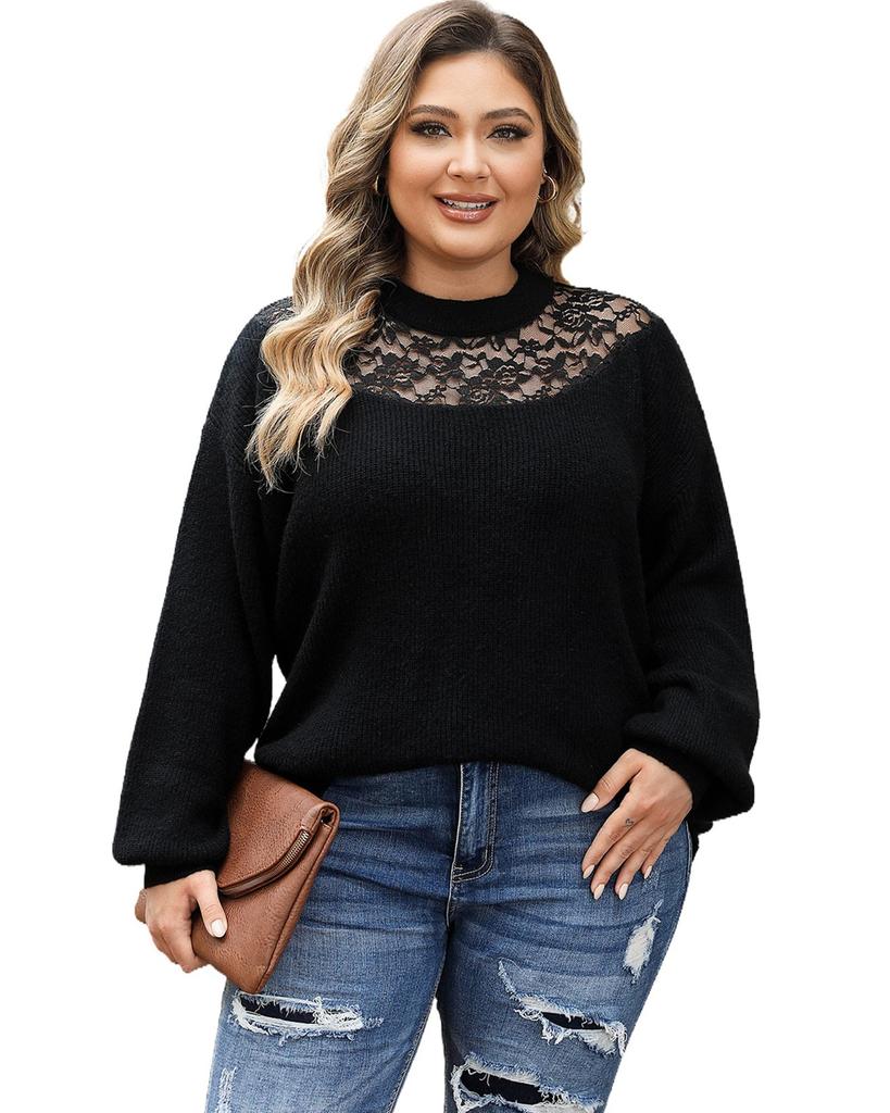 Azura Exchange Black Plus Size Ribbed Knit Lace Splicing High Neck Sweater