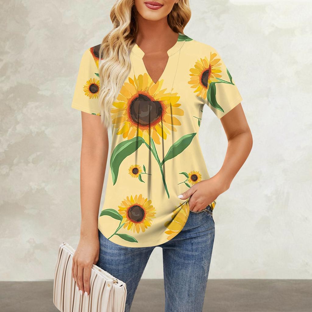 Women's Short Sleeve Casual V-neck Chest Pleated Printed Loose T-shirt Top