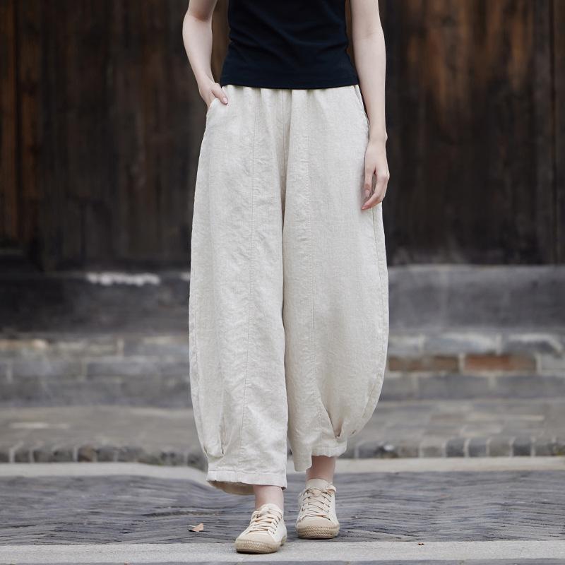Johnature Женские винтажные шаровары с эластичной резинкой на талии, однотонные льняные брюки, осенние повседневные брюки до щиколотки
