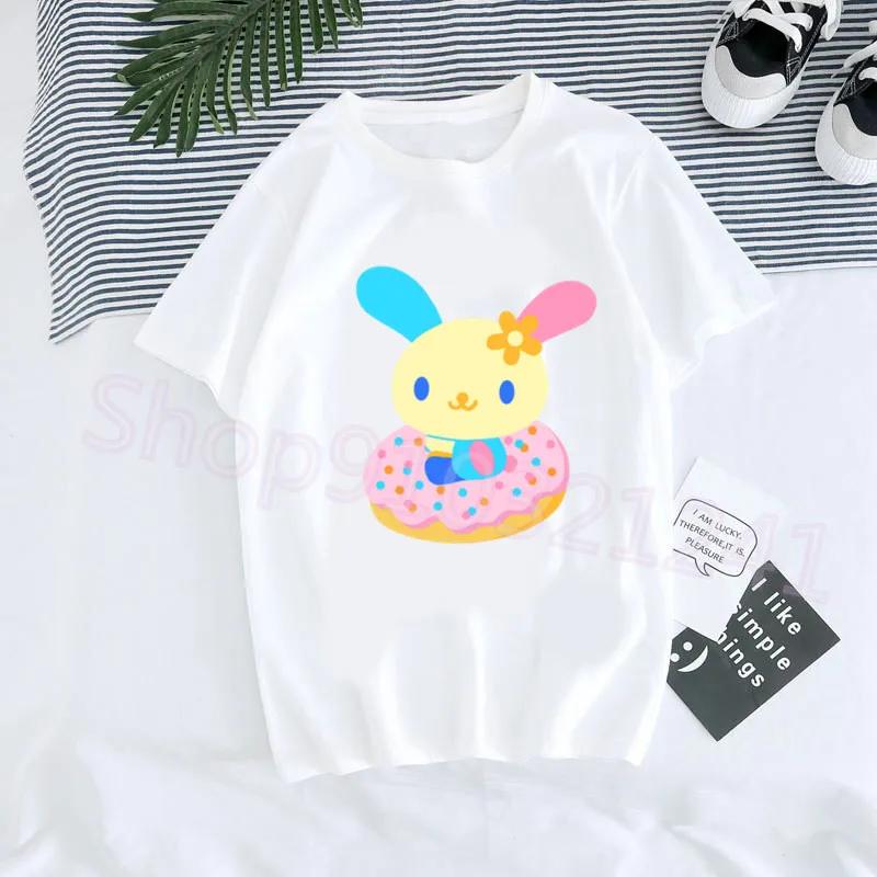 Usahana Bunny Cartoon Graphic Cotton T-Shirt for Women Harajuku Kawaii Style Cute Funny Print Casual Short Sleeve Round Neck Top