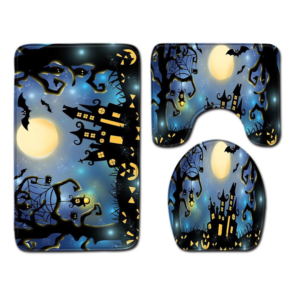 Halloween Shower Curtain Floor Mat Combination Four-Piece Set Bathroom Toilet Carpet Shower Room Foot Mat