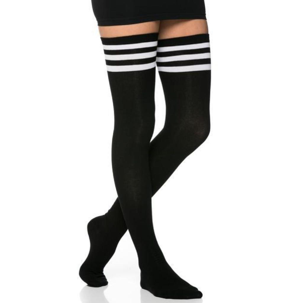 Women's 3 Ribbon Detail Cotton Black Laptop Socks Garter Height Black Tall Socks
