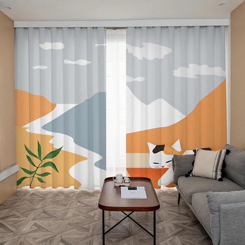Nordic Ins Style Orange Cat High Shading Curtain Girls Bedroom Living Room Kitchen Simple Shading Thick Curtains Blackout Drap