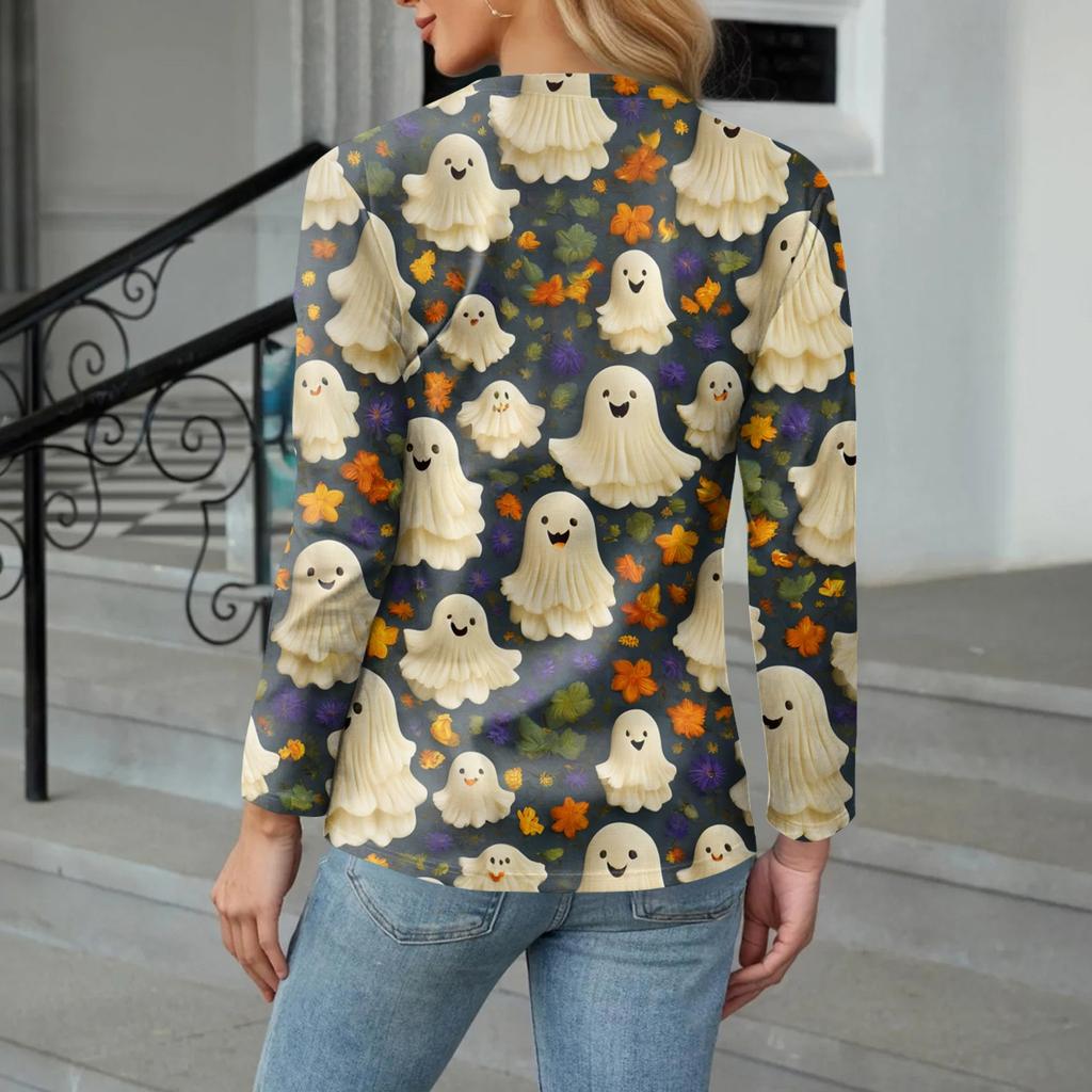 Женская повседневная мода, сексуальный комфорт, Хэллоуин с принтом и v-образным вырезом, пуговицы, длинный рукав