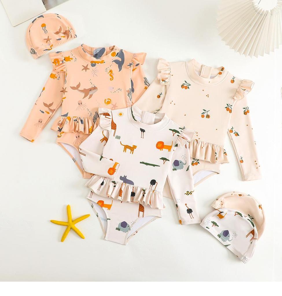 New Summer Children's Swimwear Girls' Bikini Cartoon Print Baby Boys' Swimsuit Long Sleeve Sunscreen Beach Swimming Clothing