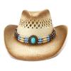 QBHAT Brown Spray Paint Plain Paper Straw Cowboy Hats with Ethnic Hatband Decor Men Women Wide Brim Beach Sunhat Sunshade Hat