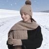 3Pcs/Set Women Hat Scarf Gloves Set Solid Color Twist Texture Thermal Lining Pompon Design Knitting Hat Long Scarf Gloves Set