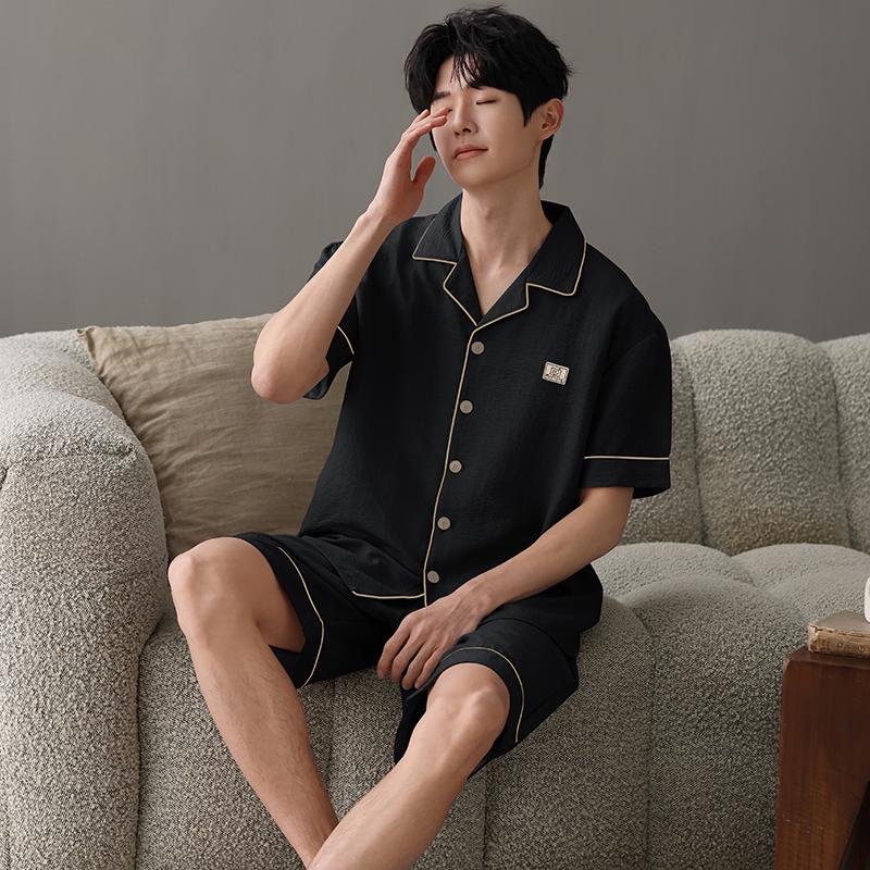 Новый летний тонкий хлопковый мужской пижамный комплект с коротким рукавом, кардиган, однотонная мужская пижама, домашняя одежда, топы и шорты, комплект из 2 предметов для сна