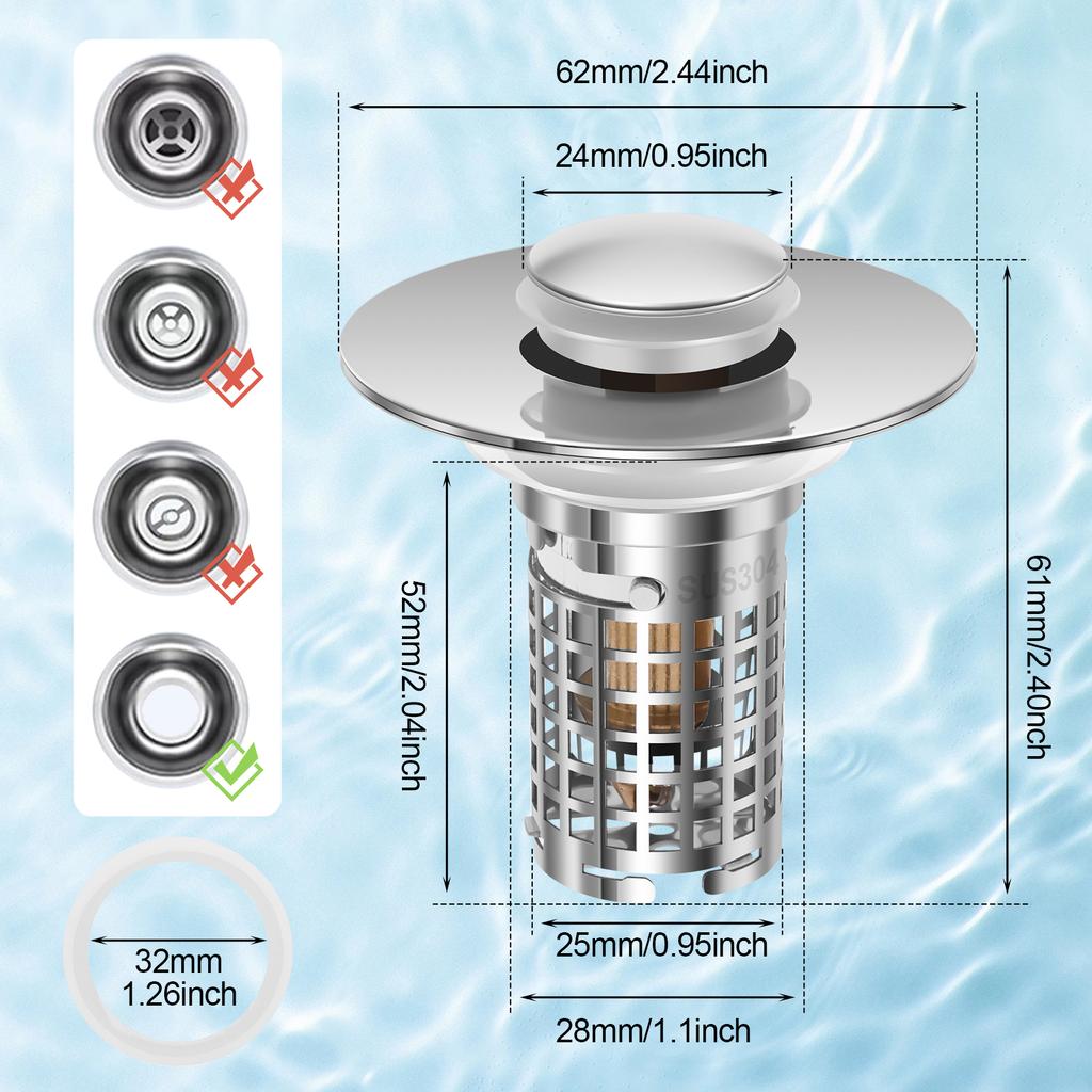 2 Pcs Bathroom Sink Stopper Stainless Steel 3 in 1 Universal Filter Basket Hair Catcher Pop Up Sink Drain Strainer for Kitchen