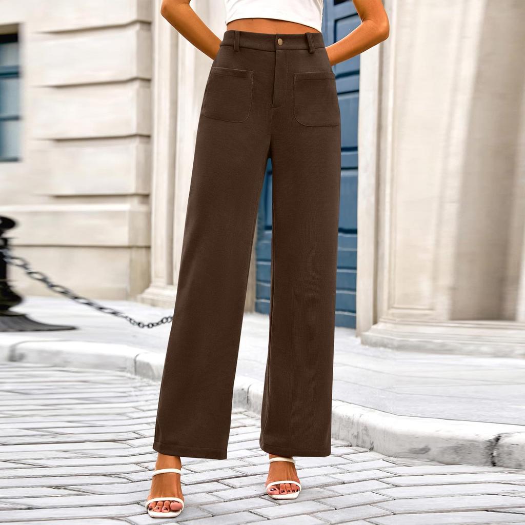 Women's Casual Wide-leg Stretch High-waisted Button-down Wide-leg Pants Working Straight-leg Pants With Pocket Pants