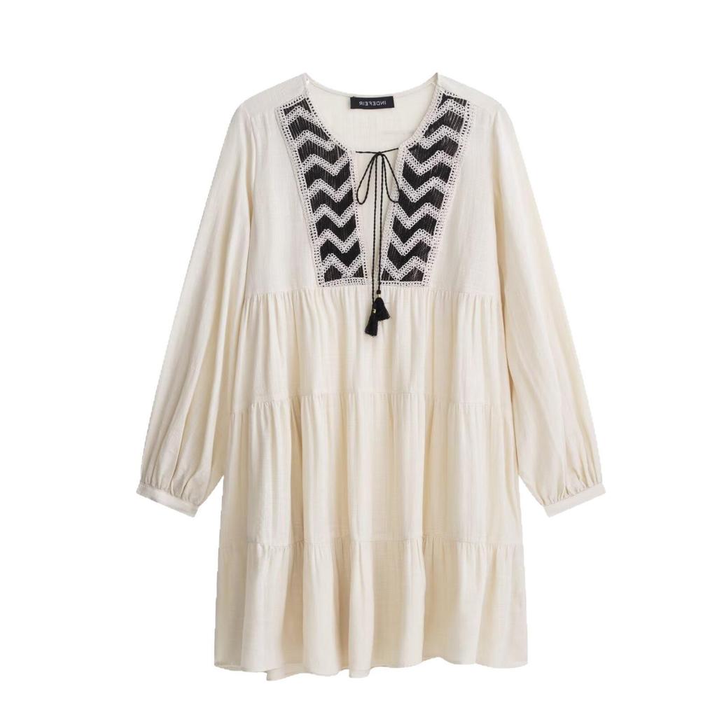 Summer Women's Embroidered Patchwork Long Sleeve Mini Dress