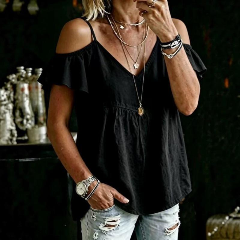 Women Casual Loose Off Shoulder V Neck Ruffle Short Sleeve T Shirt