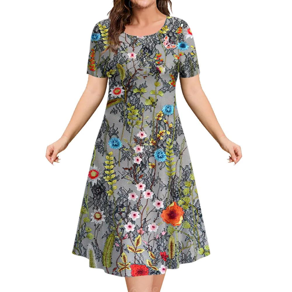 Летнее женское свободное платье с цветочным принтом, модное платье выше колена с короткими рукавами, платье с круглым вырезом, женское повседневное платье