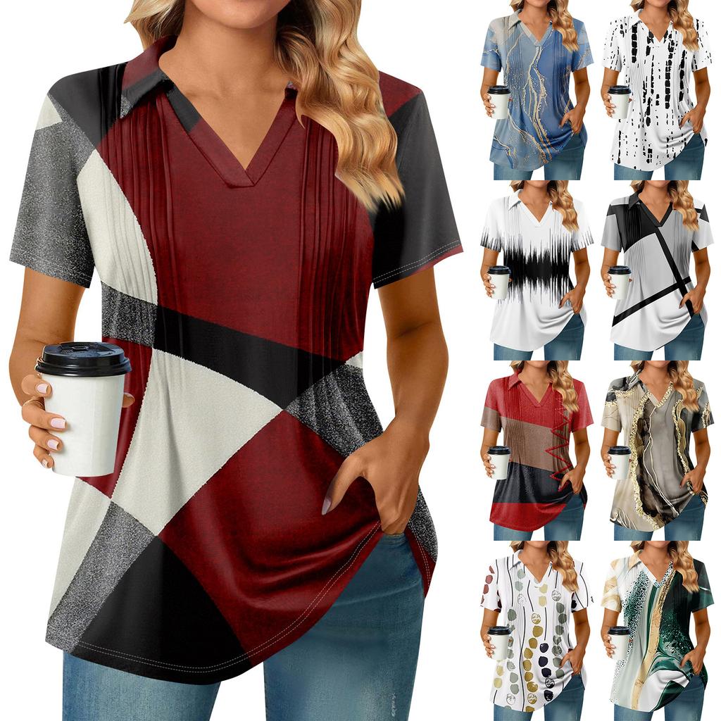 Женские футболки с коротким рукавом, плиссированные, с V-образным вырезом, с принтом, с воротником, летние топы, модные, деловые, повседневные, рабочие