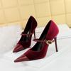 Banquet High Heels, Thin Heels, Shallow Mouth, Pointed Velvet Patchwork, Pointed Metal Buckle, Straight Line Strap, Single Shoe