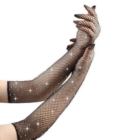 1 Pair Women Prom Arm Sleeves See-through Hollow Out Fishnet Rhinestone Decor Ultra Thin Fingerless Performances Bride Wedding Photo Prop Arm Cuffs
