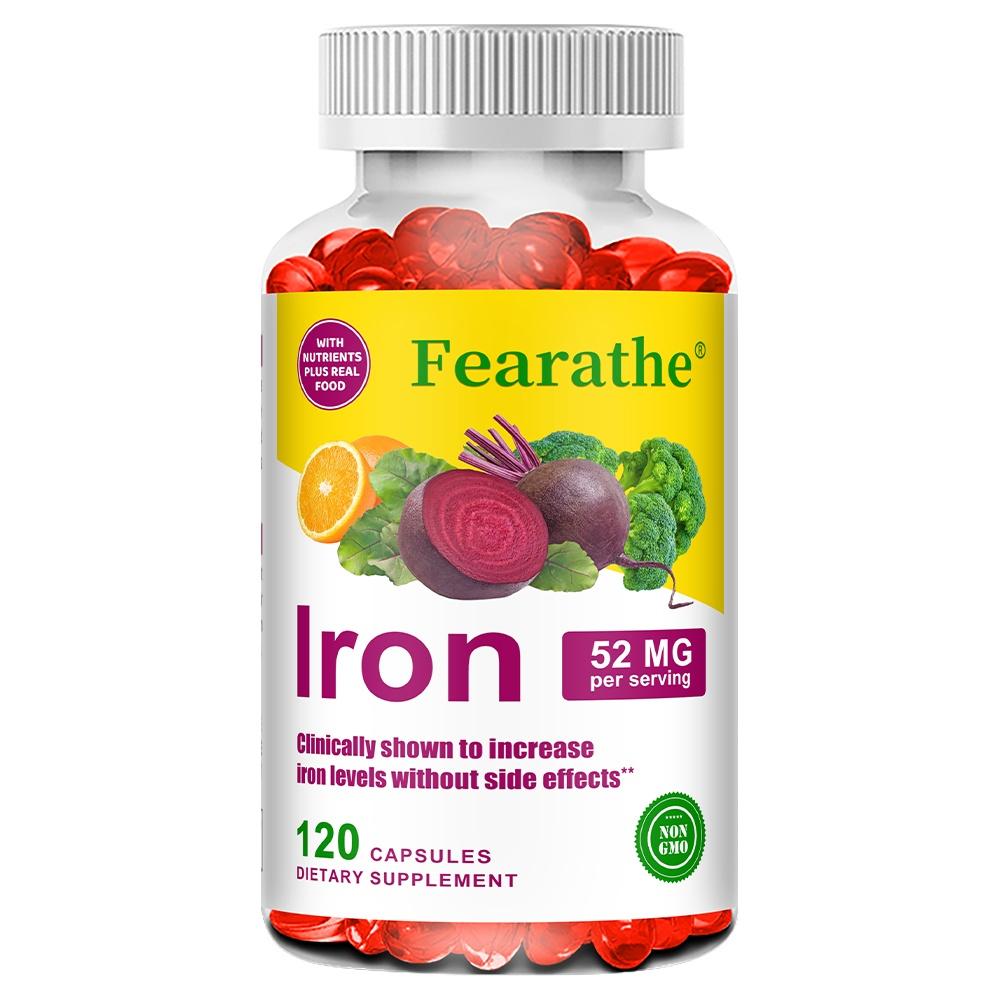 Fearathe Iron Supplement, Fermented Iron Bisglycinate, with Vitamin C, Folate, Vitamin B12, Organic Beetroot, 120 Capsules