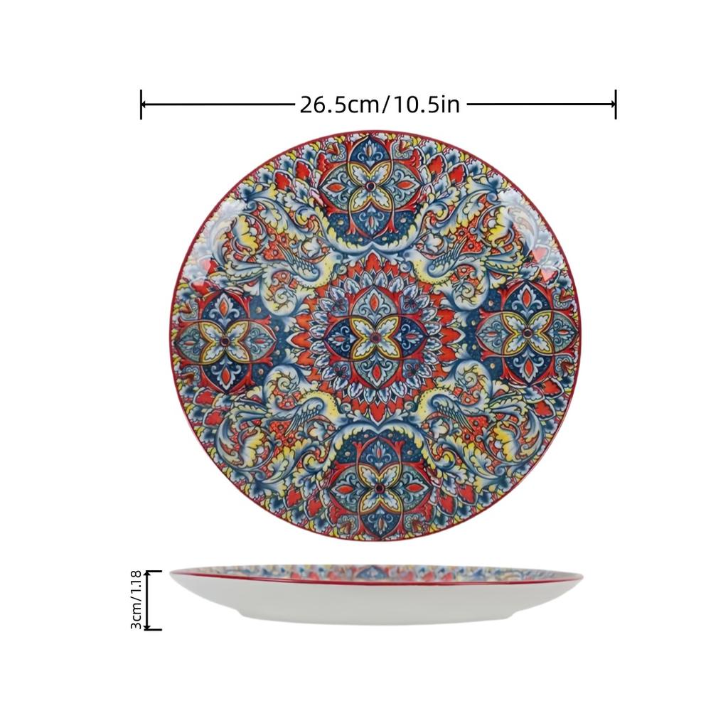 Круглая керамическая тарелка в богемном стиле Креативная неглубокая тарелка Изысканная тарелка для стейка высокого класса Тарелка для пасты 10 дюймов