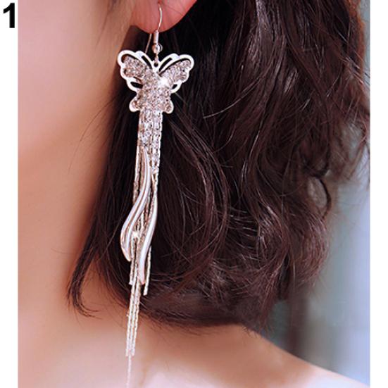 Женские линейные серьги с длинными кисточками и стразами, бабочкой, полумесяцем и луной