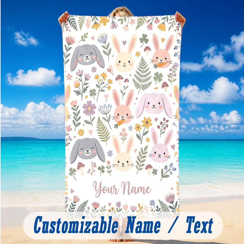 Easter Bunny Theme Beach Towel Personalized Custom Name & Text Soft Quick Dry Beach Towel for Swimming Travel