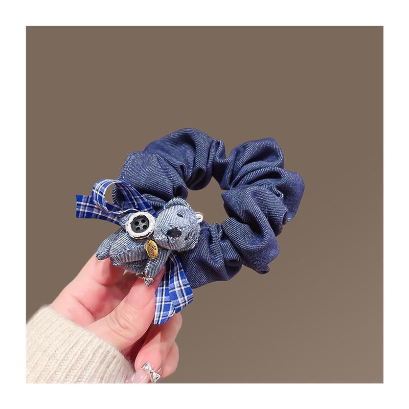 Женская синяя джинсовая повязка-ободок с головой медведя и бантом - Новая девичья резинка в школьном стиле - Высококачественная повязка-ободок