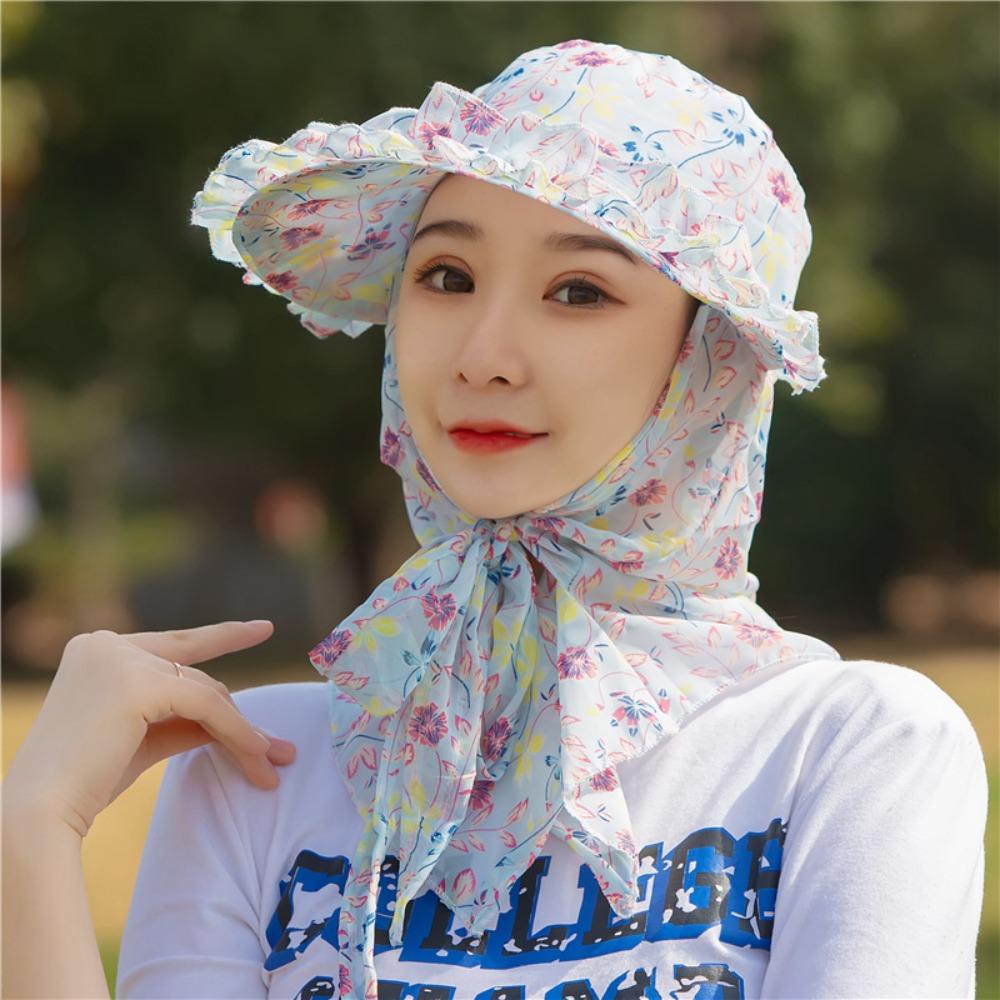 Printing Tea Picking Hat UV Protection Sun Protection Sunshade Shawl Cap Wide Brim Face Mask Neck Protection Hat Summer