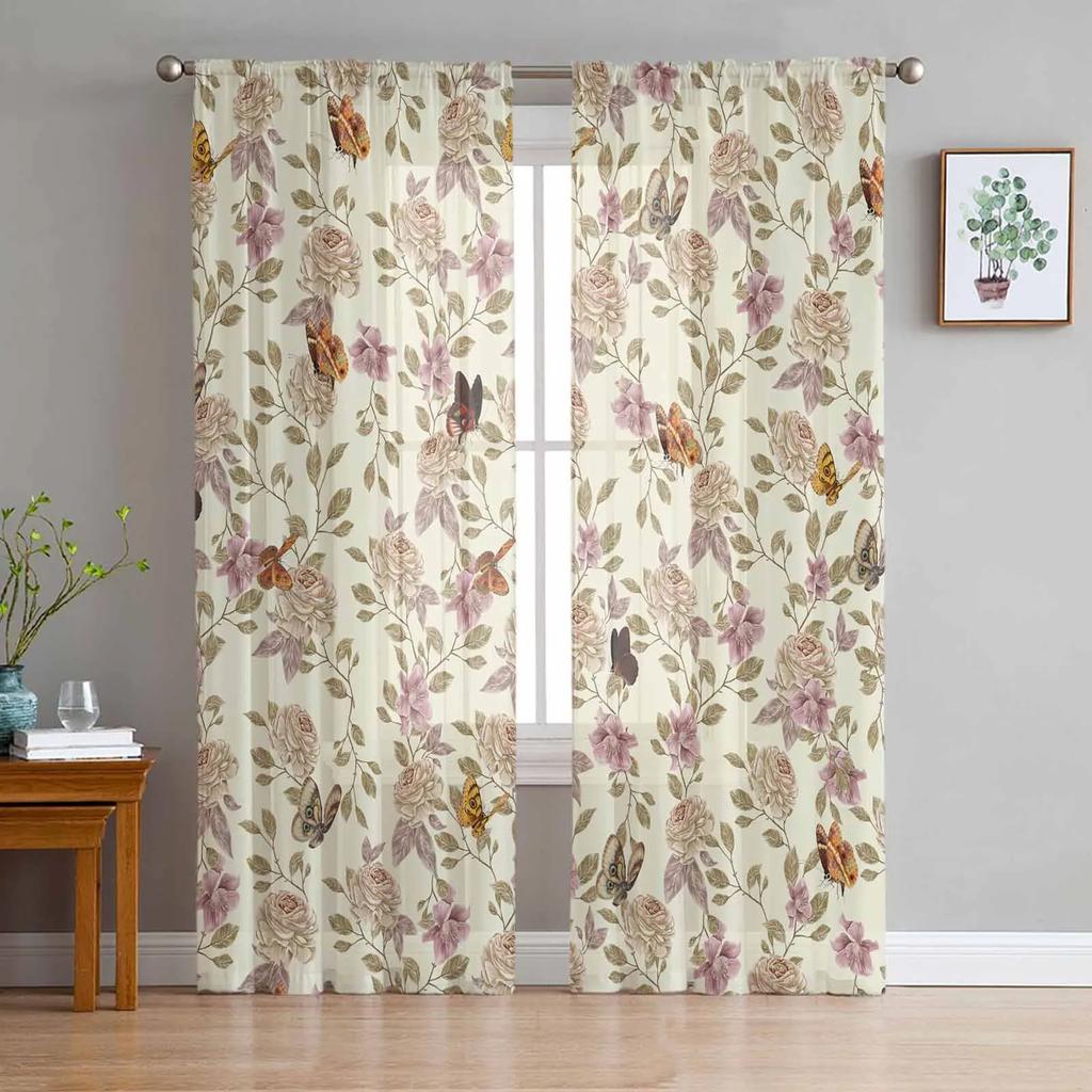 Retro Floral Wildflowers Transparent Curtains for Bed Chamber Living Room Decoration Window Panel Curtain Perfect for Cooking Area Netting Voile