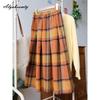 Преппи Стиль Осень Зима Женская Милая Юбка Миди С Завышенной Талией Оранжевая Клетчатая Шерстяная Юбка Шерстяная Теплая Плотная А-Силуэта Юбка С Карманами