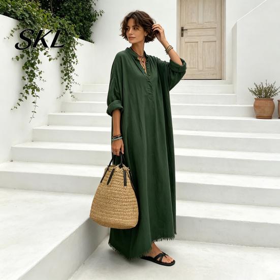 Casual Dress Summer Maxi for Women, V-Neck Oversized Boho Long Women Dress, Sleeve Button Up Vacation Sundress with Pockets Party