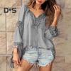 Women Tops V-Neck Embroidery Lace Trim Lace-up Long Sleeve Pullover Tops Solid Color Loose Fit Casual Style Shirt