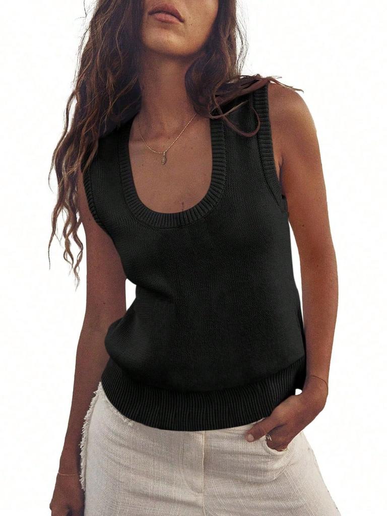 Women's Ribbed Knit Sweater Vest Sleeveless Scoop Neck Summer Casual Tank Top