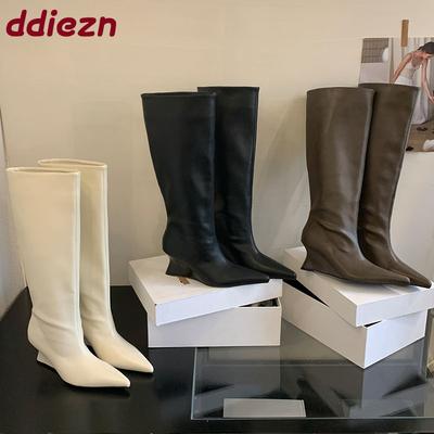 Модная вечеринка Женские ботфорты до колена Обувь слипоны Модные остроносые Элегантные женские длинные современные ботинки Женские туфли-лодочки Обувь на танкетке леди