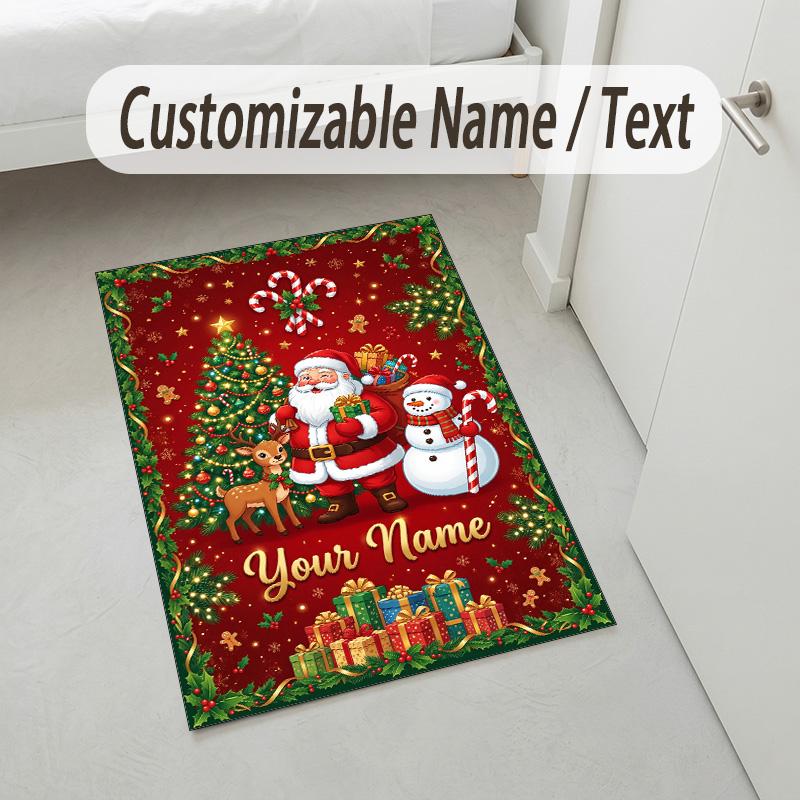 Christmas Theme Crystal Velvet Rug Personalized Custom Name Text Soft Floor Mat Home Decor