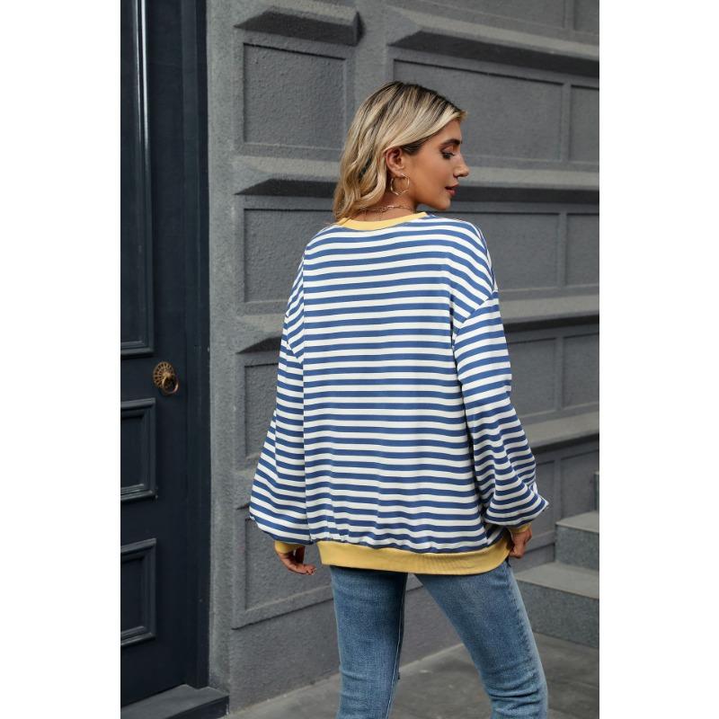 Осенне-зимняя женская толстовка с круглым вырезом и длинными рукавами в полоску, с яркими цветовыми сочетаниями