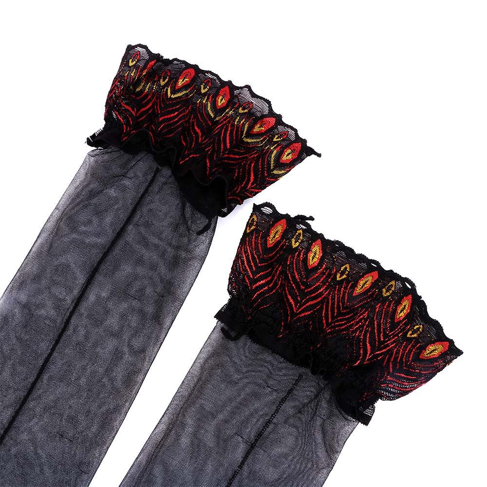 Ladies Anti Slip Embroidery Lace Over Knee Stockings Striped Peacock Feathers Stocking Thigh Highs