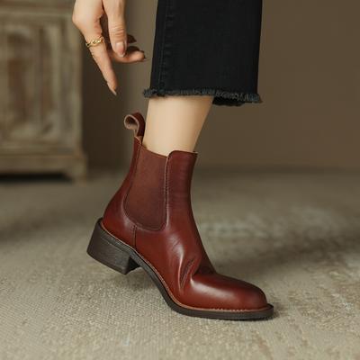 Модные ботильоны Kaky с круглым носком из натуральной коровьей кожи на среднем каблуке, ботинки челси