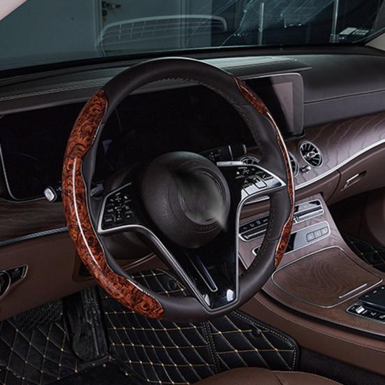 2Pcs Wood Grain Steering Wheel Cover Anti-Slip Odorless Heat-Resistant Universal Fit Faux Leather Car Steering Wheel Sleeves