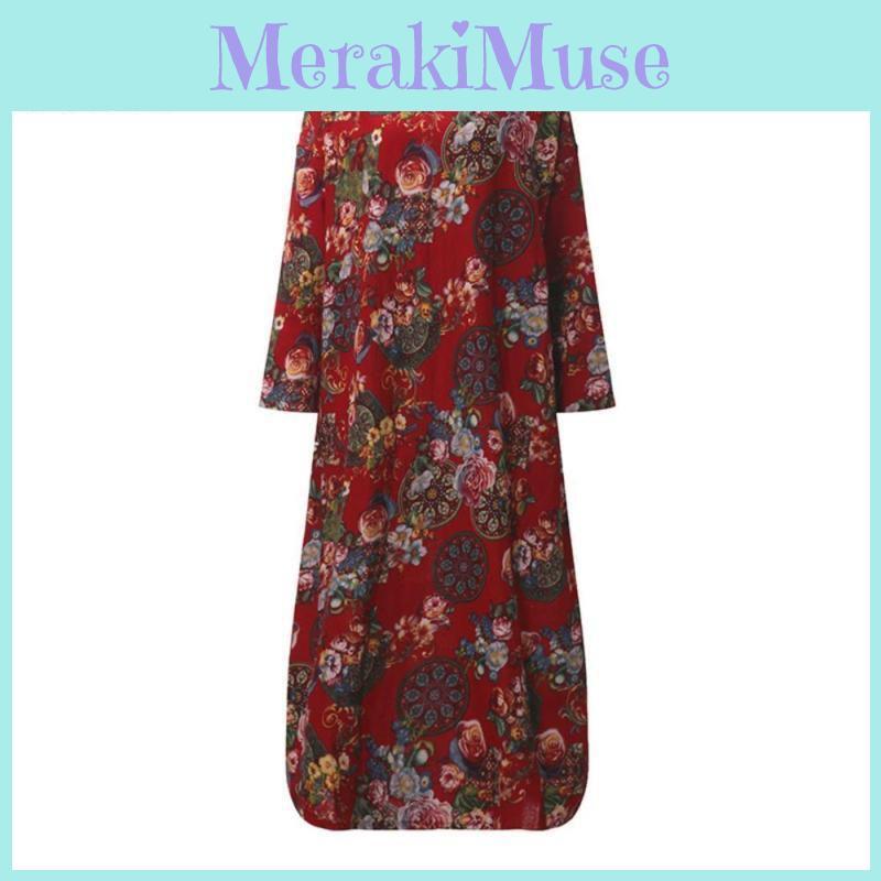 Женское винтажное повседневное платье-кафтан свободного кроя с цветочным принтом, длинное макси-платье-рубашка с вневременным дизайном