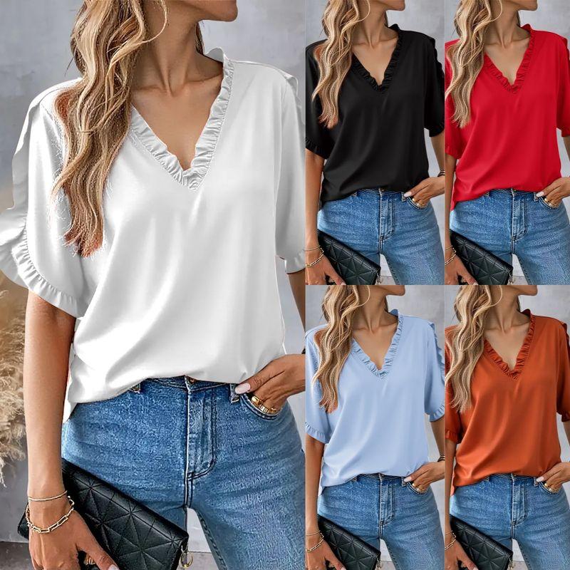 Summer Simple Solid Short sleeve Frill V-neck Shirts Top Women Women's Shirt Top