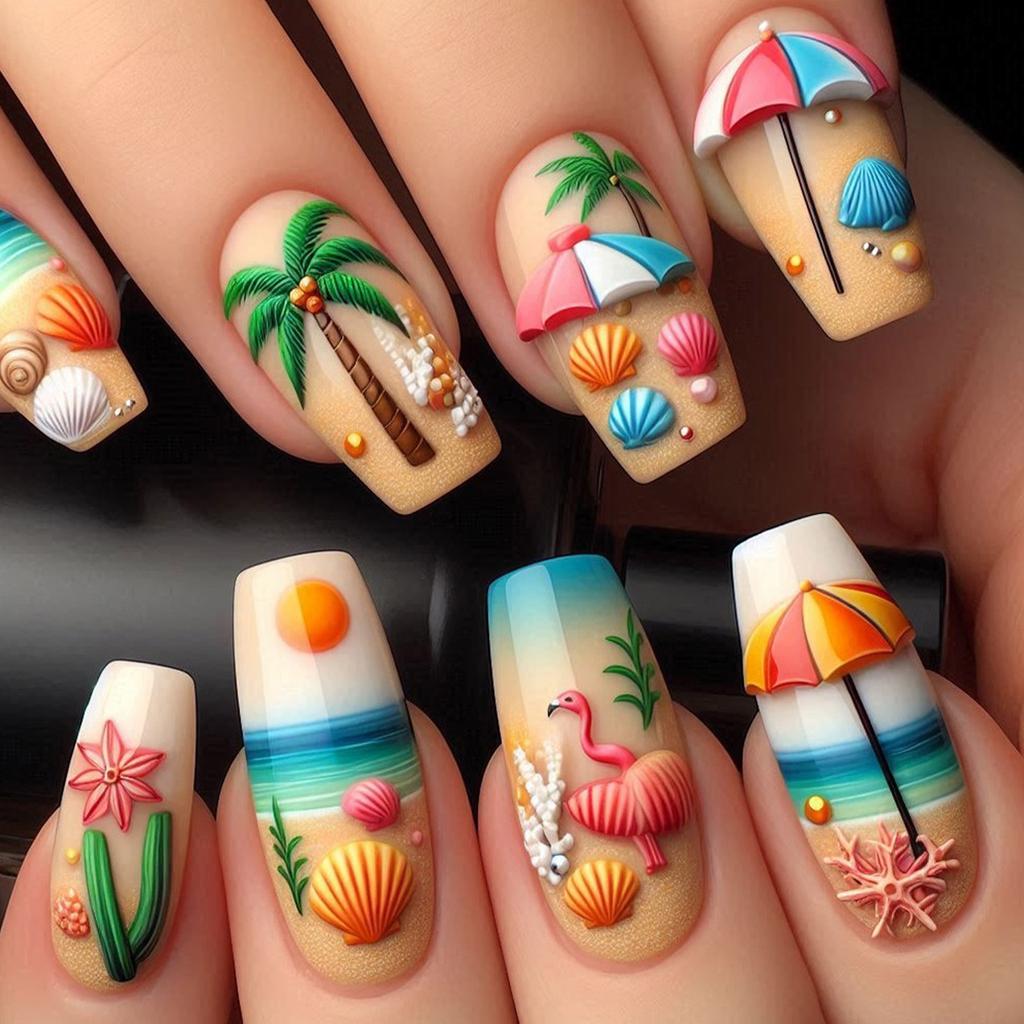 24 Pieces 3D Beach Press On Nail Medium Ballet Summer False Nail French Nail Art Tips Stick On Acrylic Nail for Women