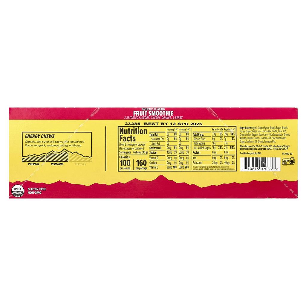 Honey Stinger, Energy Chews, Fruit Smoothie, 12 Packs, 50 G (1.8 Oz) Each