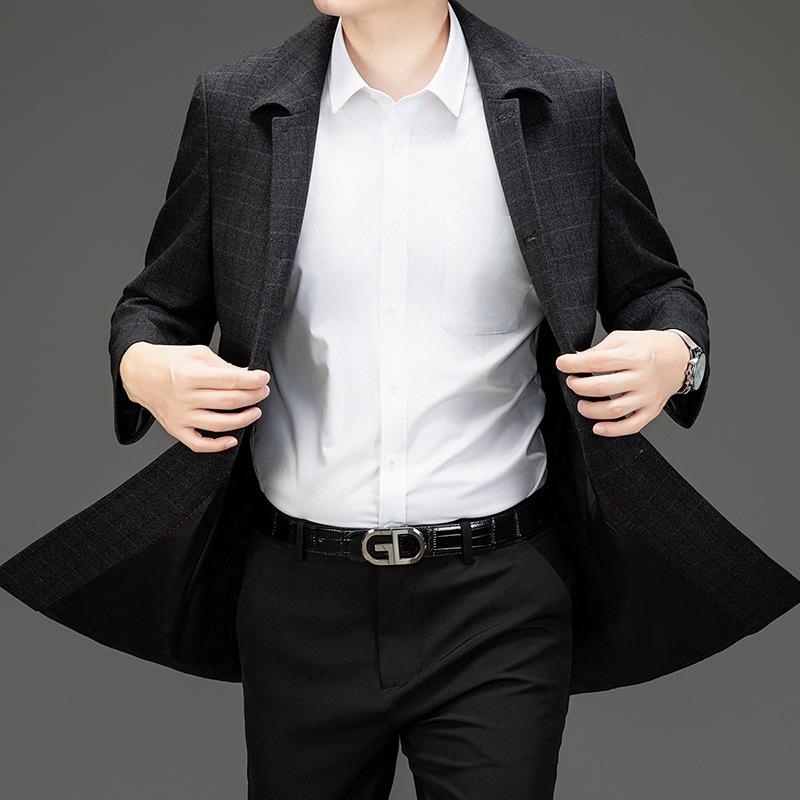 Осенне-зимняя мужская шерстяная ветровка средней длины, деловое повседневное пальто с лацканами, клетчатое пальто для пап среднего и пожилого возраста