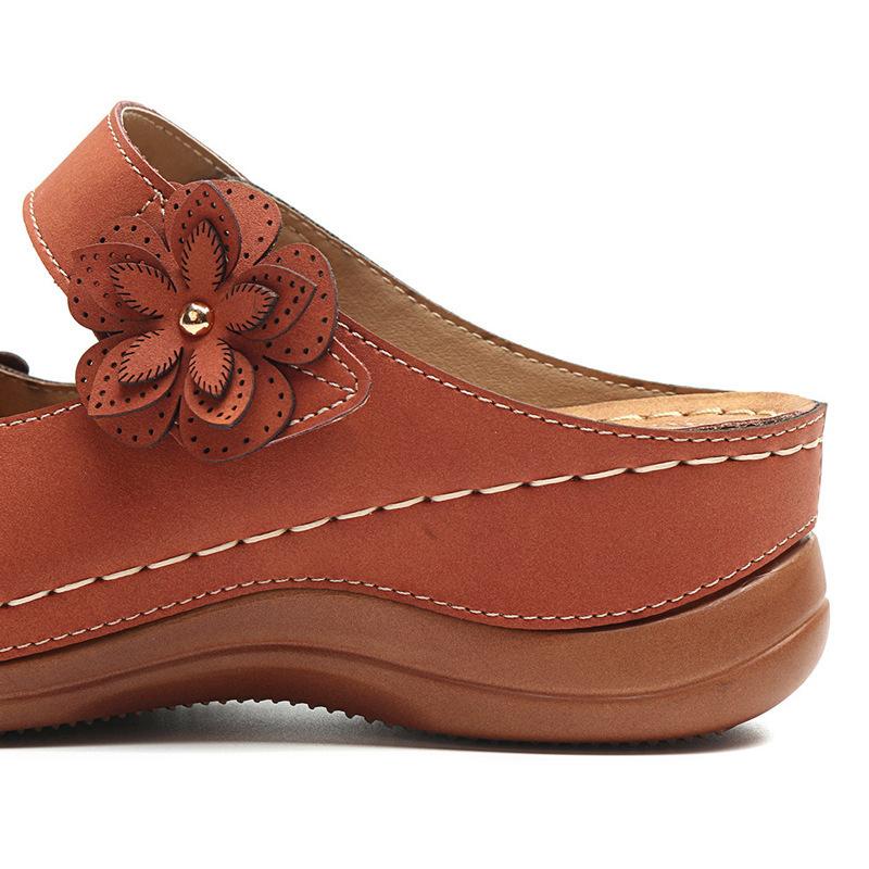 2023 Women's Sandals Large Size Vintage Flat Sandals Round Toe Flower Wedges Thick Sole Slippers for Women