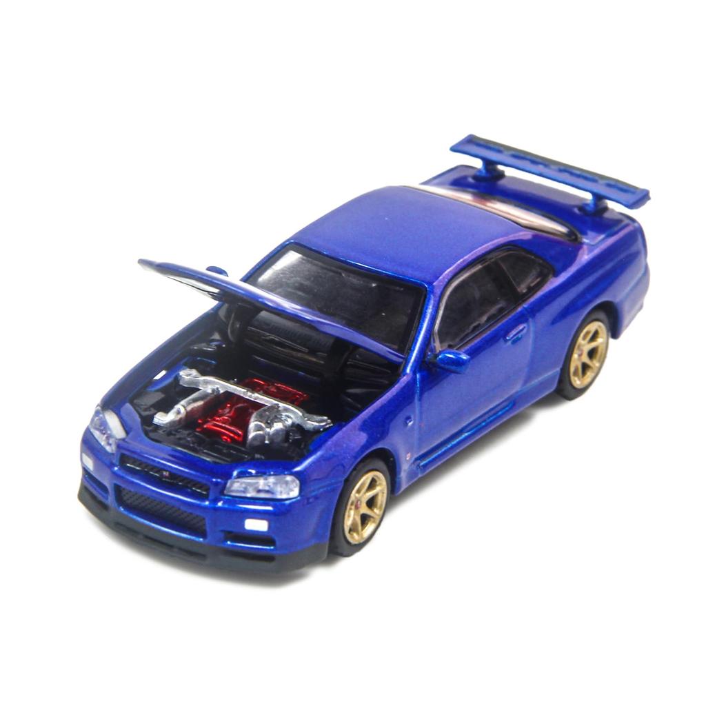 PAUDI MODEL Scale Diecast Model Car R34 Skyline 2000 Nissan V Spec II 1/64 GT-R (Blue)