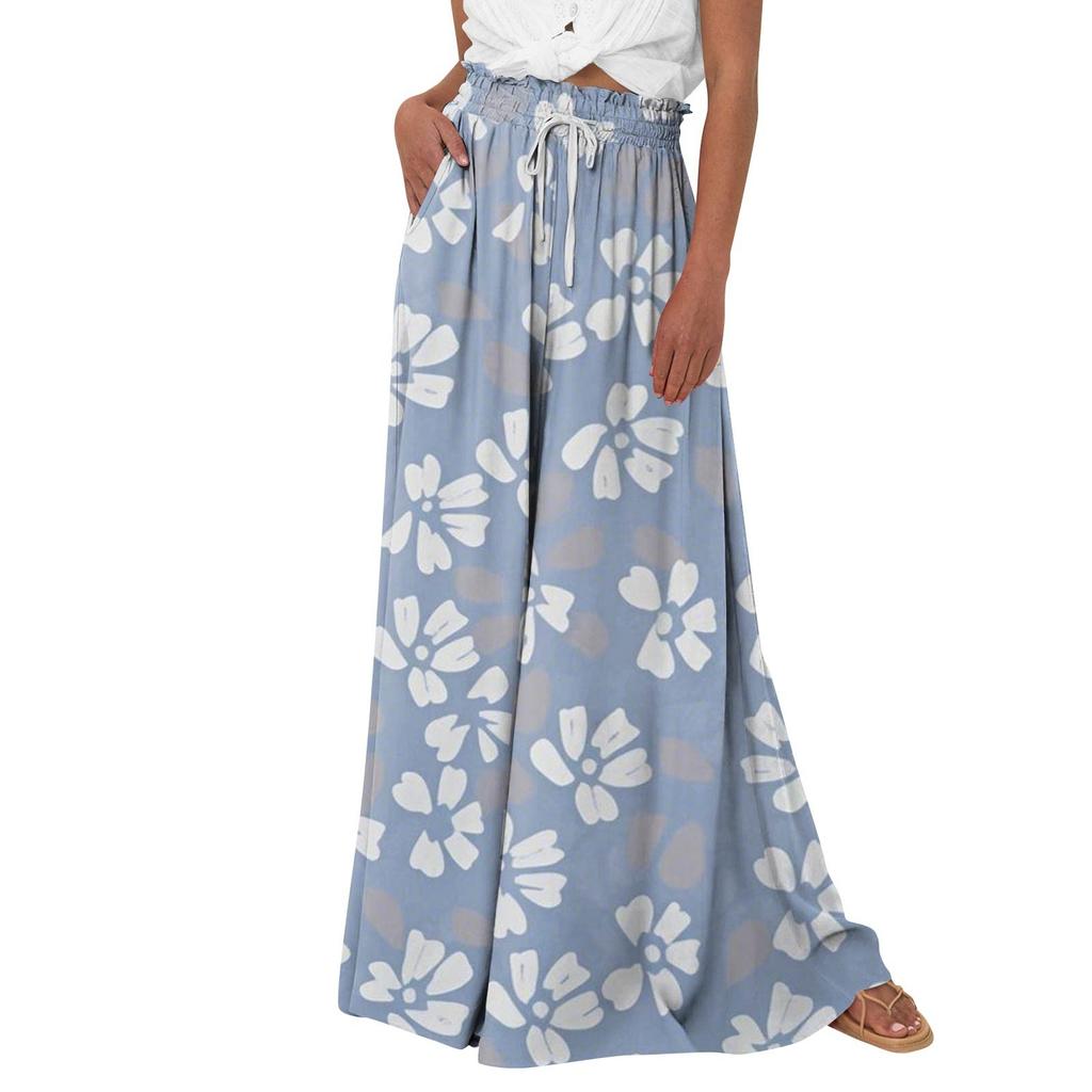 Women's Palazzo Pants Boho Floral Wide Leg Trousers Summer Beach High Waisted Flowy Pants With Pockets