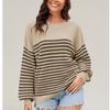 Women's Fashionable Round Neck Striped Knitted Sweater Pullover Sweater Long Sleeved Top